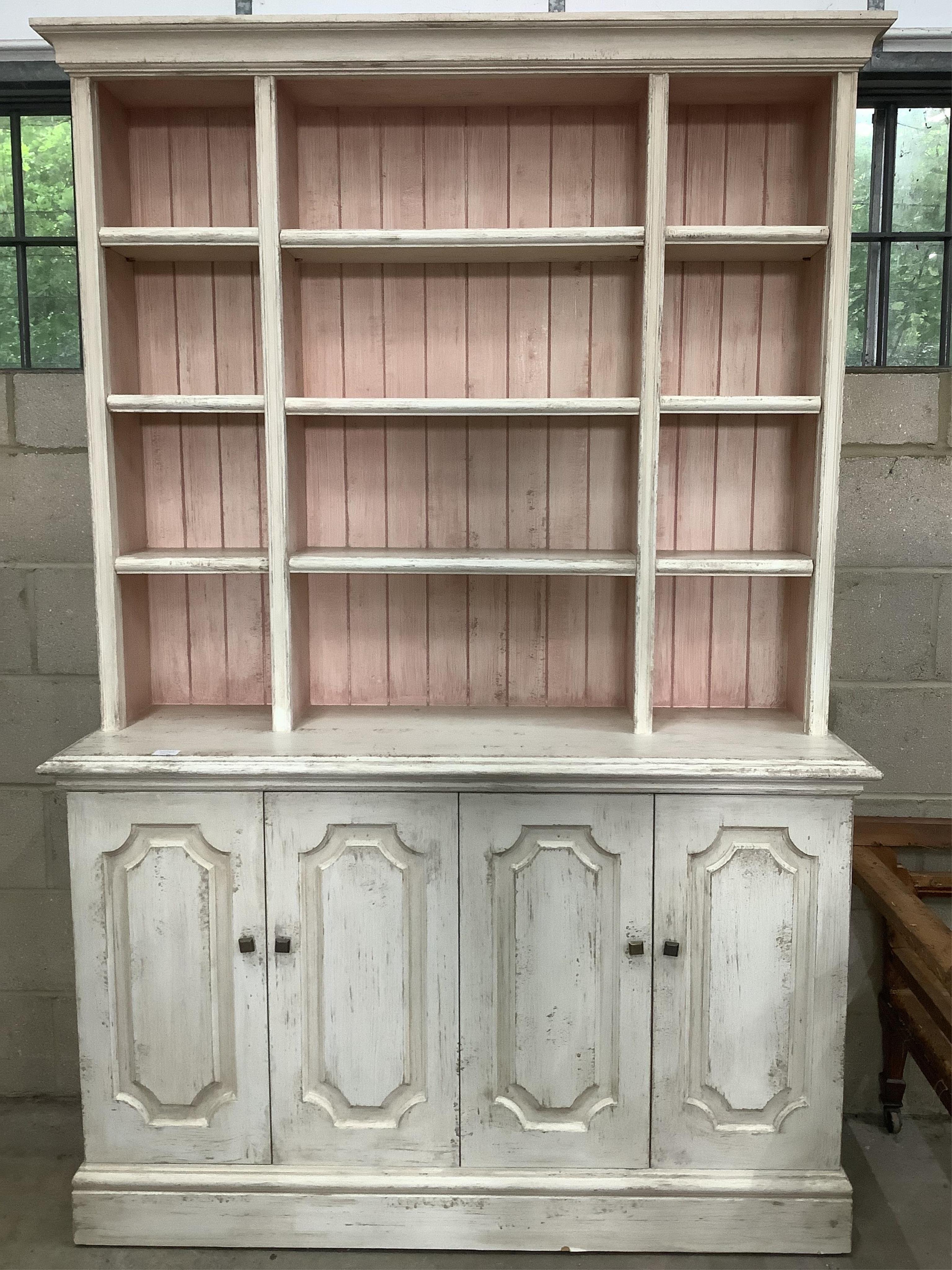 A white painted dresser, width 138cm, depth 46cm, height 208cm. Condition - fair